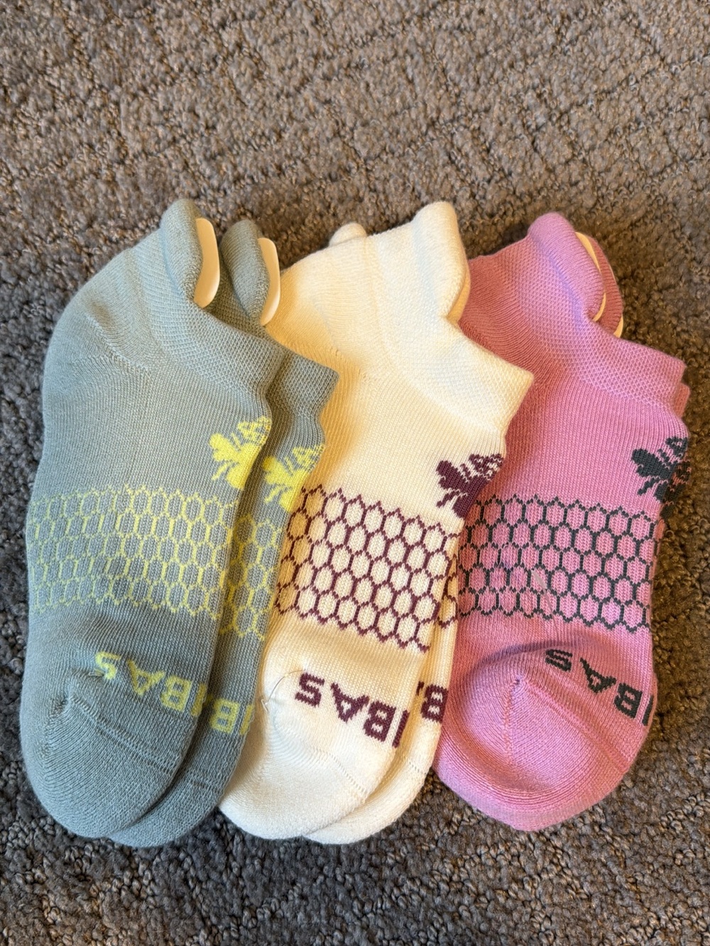Bombas Womens Low-Cut Socks Trio in Sage Green, Cream, and Pink